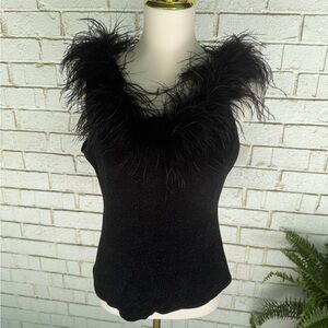 VINTAGE Black Feather Trim Tank Top